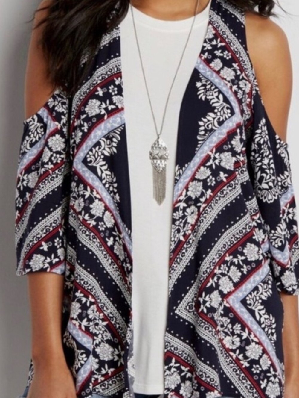 Maurices Paisley Cold Shoulder Open Front Top